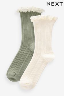 Cream and Green Cotton Rich Ruffle Frill Ankle Socks 2 Pack (859601) | ￥870 - ￥1,210