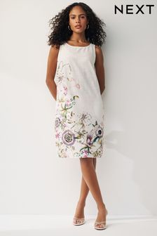 Režná krémová s květy - Rovné lněné šaty bez rukávů a Blend (860753) | 1 055 Kč