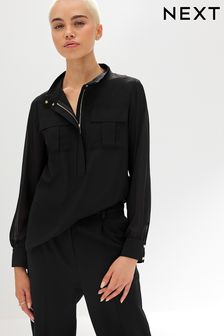Schwarz - Bluse mit Reißverschluss vorne und Utility-Tasche (860845) | 27 €