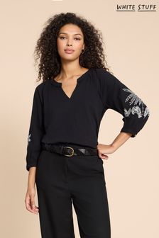 White Stuff Millie Mix Embroidered Black Top