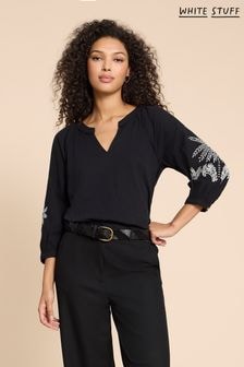 White Stuff Black Mix Embroidered Millie 100% Cotton Top (861471) | $77