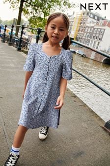Blue Floral Ruched Sleeve Tea Dress (3-16yrs) (864552) | €20 - €27