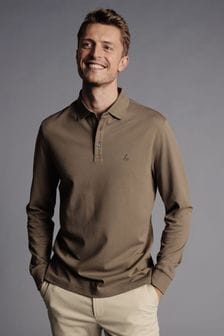 Charles Tyrwhitt Brown Solid Long Sleeve Plain Tyrwhitt Pique Polo Shirt (865872) | €85