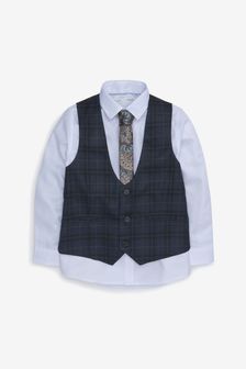 Navy Blue Scoop Neck Check Waistcoat, Shirt And Tie Set (12mths-16yrs) (866318) | $62 - $82