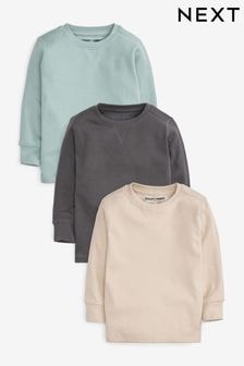 Light Blue/Neutral Long Sleeve Textured 100% Cotton T-Shirts 3 Pack (3mths-7yrs) (866331) | $33 - $39