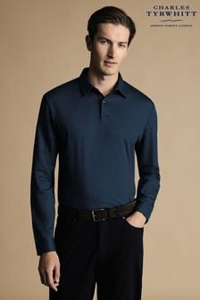 Charles Tyrwhitt Blue Plain Long Sleeve Jersey Polo Shirt (866545) | 322 QAR