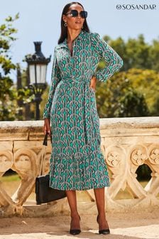 Sosandar Green Chain Tied Detail Long Sleeve Shirt Dress (866560) | SGD 145