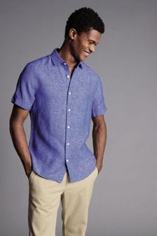 Charles Tyrwhitt Blue Plain Slim Fit Short Sleeve Pure Linen Shirt (869268) | kr909