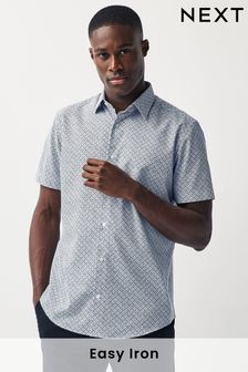 White/Blue Geometric Easy Iron Button Down Short Sleeve Oxford Shirt (870097) | SGD 39