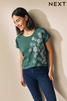 Grün - Weihnachts-Kurzarm-Schneeflocken-T-Shirt (870617) | 27 €
