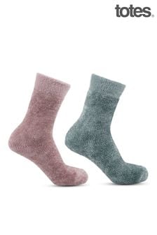 Totes Pink/Grey Ladies Chenille Bed 2 Pack Socks (871569) | AED78