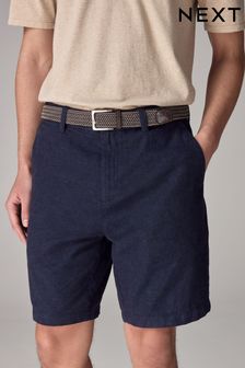 Navy Blue Linen Cotton Chino Shorts with Belt Included (872702) | ￥4,200
