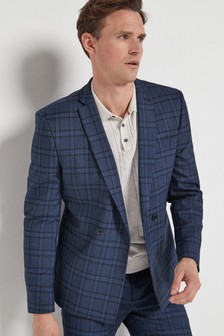 Blue Double Breasted Slim Fit Check Suit: Jacket (872952) | R1 391