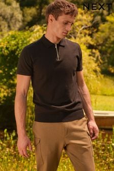 Black Knitted Regular Fit Zip Polo Shirt (873050) | 119 QAR
