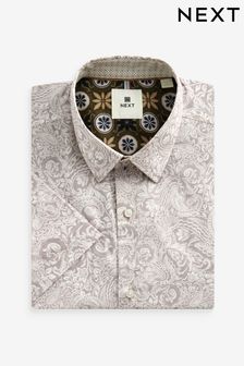 Neutral Brown Paisley Regular Fit Printed Short Sleeve Shirt (873708) | $52