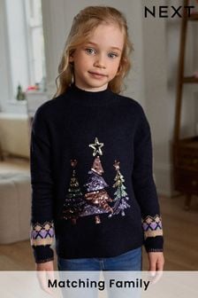 Sapin de Noël bleu marine - Pull pour fille plus âgée assorti à la famille (3-16 ans) (874326) | €26 - €32
