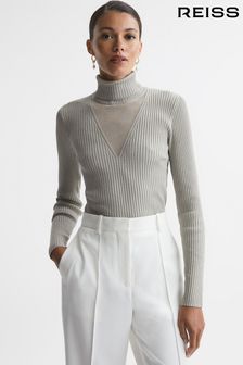 Reiss Silver Tanya Metallic Ribbed Mesh Panel Funnel Neck Top (874593) | AED1,066