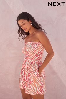 Coral Pink Zebra Bandeau Shirred 100% Cotton Playsuit (875591) | AED96