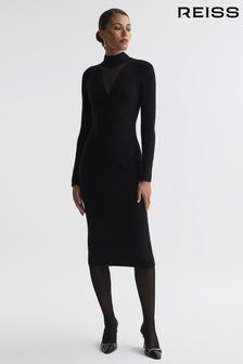 Reiss Black Sabrina Ribbed Mesh Panel Bodycon Midi Dress (875610) | SGD 546