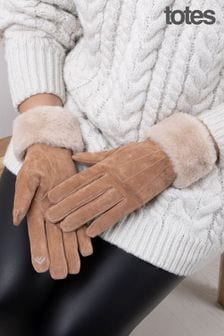 Totes Nude Isotoner Three Point Suede Ladies Gloves With Faux Fur Cuff (876615) | €33