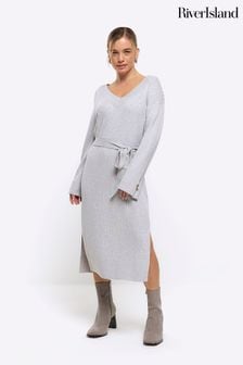 River Island Grey Petite V-Neck Bow Midi Dress (877607) | €27