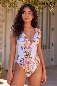 Pink/Cream Floral Frill Plunge Tummy Shaping Control Swimsuit (878363) | €37