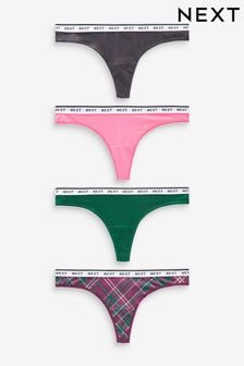 Pink/Purple Check Thong Cotton Rich Logo Knickers 4 Pack (878465) | kr280