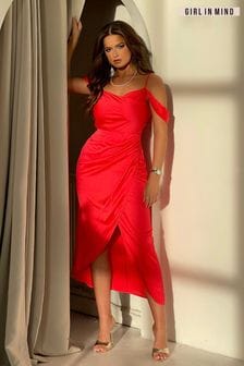 Girl In Mind Red Coral Camila Cold Shoulder Wrap Midi Dress (880350) | AED250