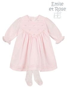 Emile Et Rose Pink Jersey Dress with V-shape Pintucked & Embroidered Yoke & Tights (880378) | 43 €