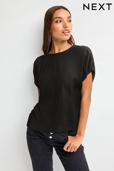 Black Gathered Short Sleeve Textured Boxy T-Shirt (881329) | $30