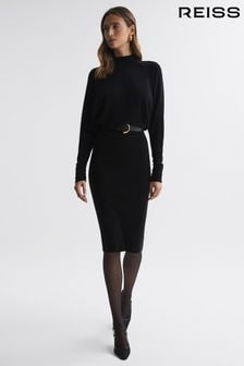 Reiss Black Freya Wool Blend Ruched Sleeve Midi Dress (881871) | $350