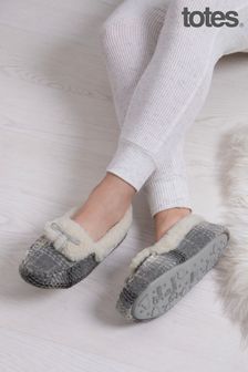 Totes Grey Ladies Brushed Check Moccasin Slippers (882094) | ￥5,280