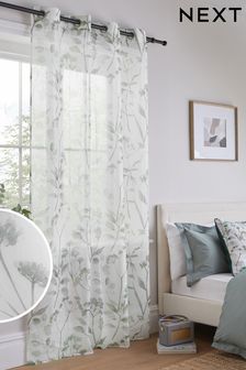 Green Isla Floral Printed Eyelet Unlined Sheer Panel Voile Curtain