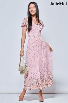 Różowa sukienka Jolie Moi maxi z siateczki w lustrzany wzór kwiatowy (883044) | 300 zł