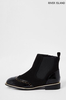 River Island Black Croc Stud Brogue Flat Boots