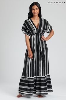 South Beach Black Embroidered Jacquard V-Neck Tiered Maxi Dress (886139) | SGD 81