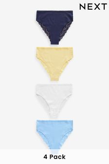 White/Blue/Yellow High Rise High Leg Cotton and Lace Knickers 4 Pack (886250) | €25