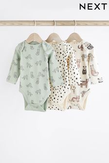 Green/White Long Sleeve Ribbed Baby Bodysuits 3 Pack (886395) | AED47 - AED53