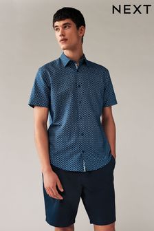 Navy Blue Geometric Printed Linen Blend Shirt (887070) | kr397
