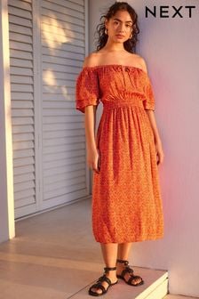 Coral Orange Off Shoulder Summer Dress (887304) | 144 QAR