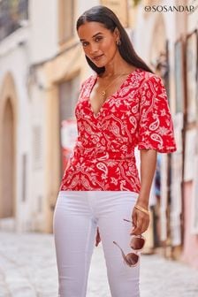 Sosandar Red Kimono Sleeve Shirred Bodice Top (887340) | €56