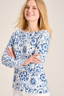 Joules New Harbour Blue Floral Boat Neck Breton Top (887479) | AED183