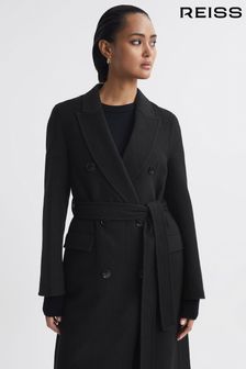Reiss Black Arla Petite Relaxed Wool Blend Blindseam Belted Coat (888711) | OMR276