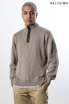 Religion Brown Relaxed Fit Funnel Neck Exposed Zipper Half Zip Knit Jumper (888844) | ₪ 402