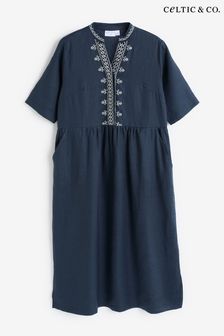 Celtic & Co. Blue Linen Embroidered Short Sleeve Midi Dress (890057) | 752 QAR