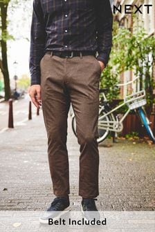 Brown Micro Check Slim Brushed Belted Chinos Trousers (891186) | ₪ 121