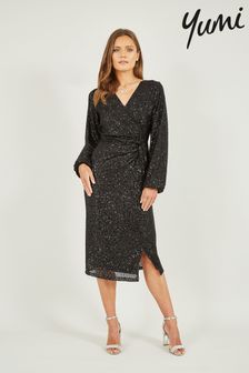Yumi Black Sequin Ruched Wrap Long Sleeve Dress (893235) | kr844