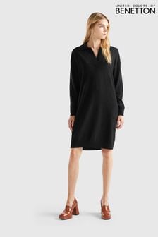 Черное трикотажное платье с V-образным вырезом и воротником Benetton (894405) | €65