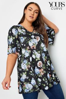 Yours Curve Black Floral Print Pleated Swing Top (894670) | AED133