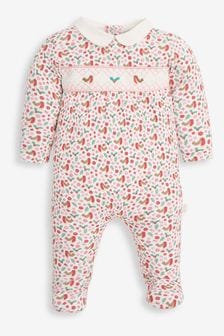 JoJo Maman Bébé Cream Robin Print Smocked Sleepsuit (8965A7) | €35